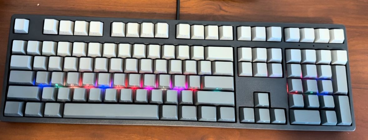 Plan view of the same keyboard, now with the middle row RGB leds active