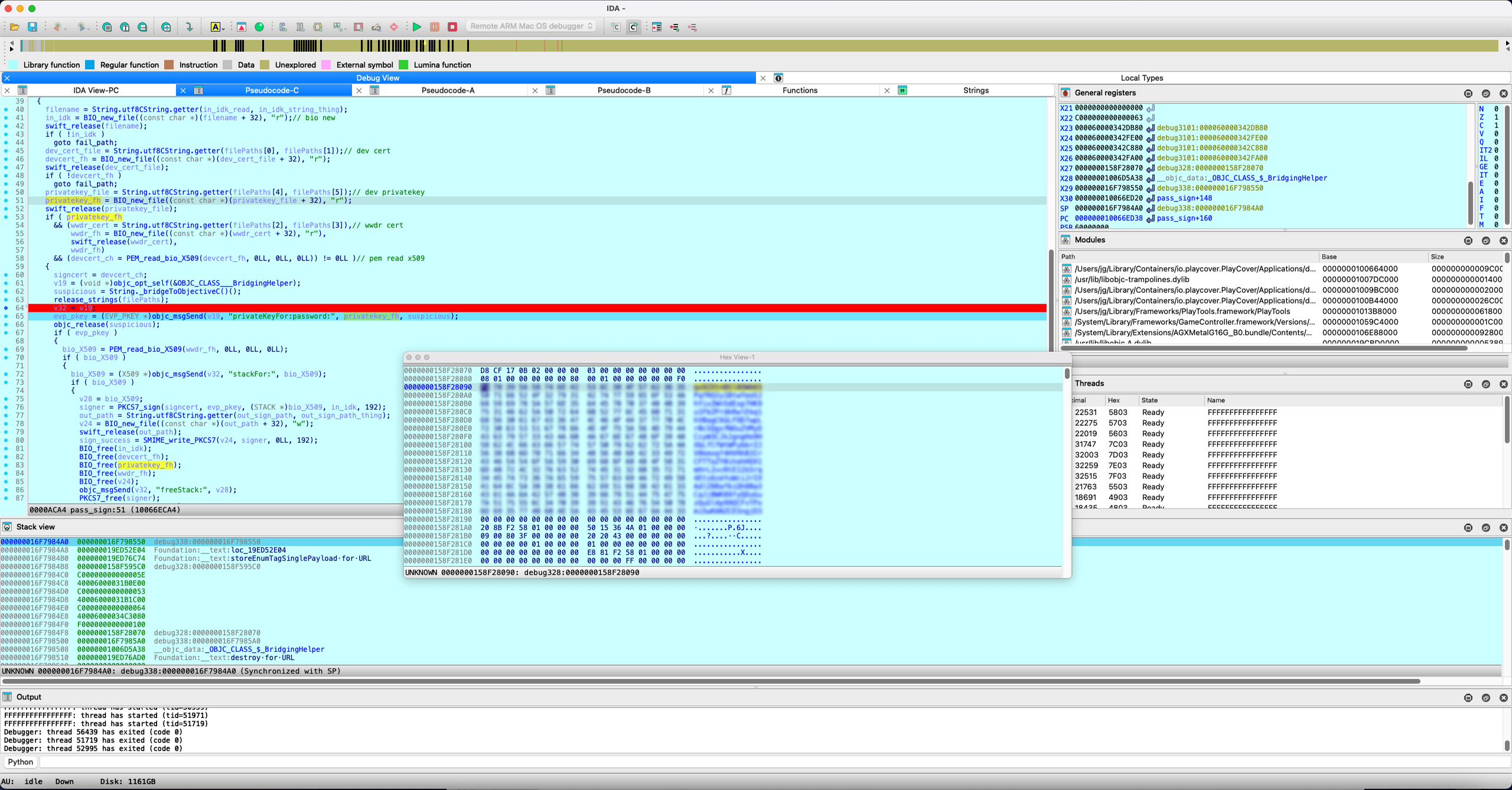 A screenshot of IDA, debugging an AppStore iOS app. A breakpoint is active, and a memory view is visible with a blurred key.
