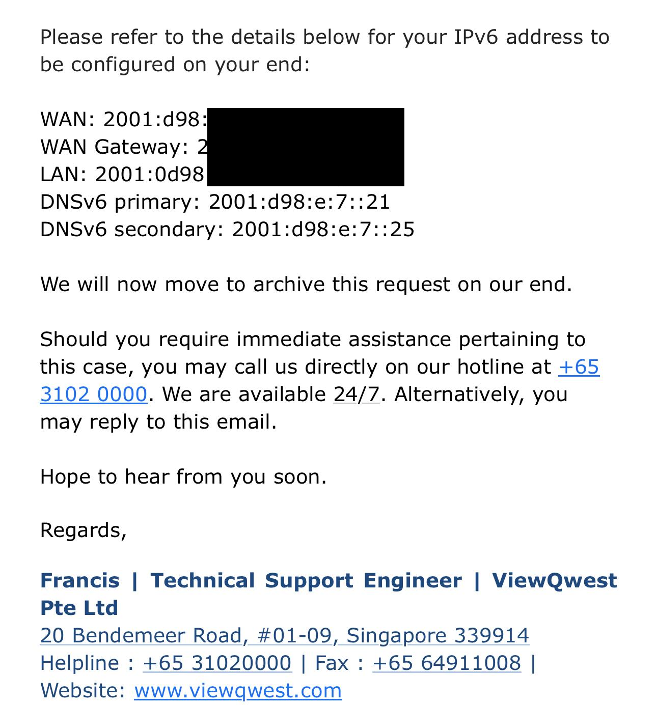 A cropped screenshot of an email from Viewqwest with IPv6 configuration details